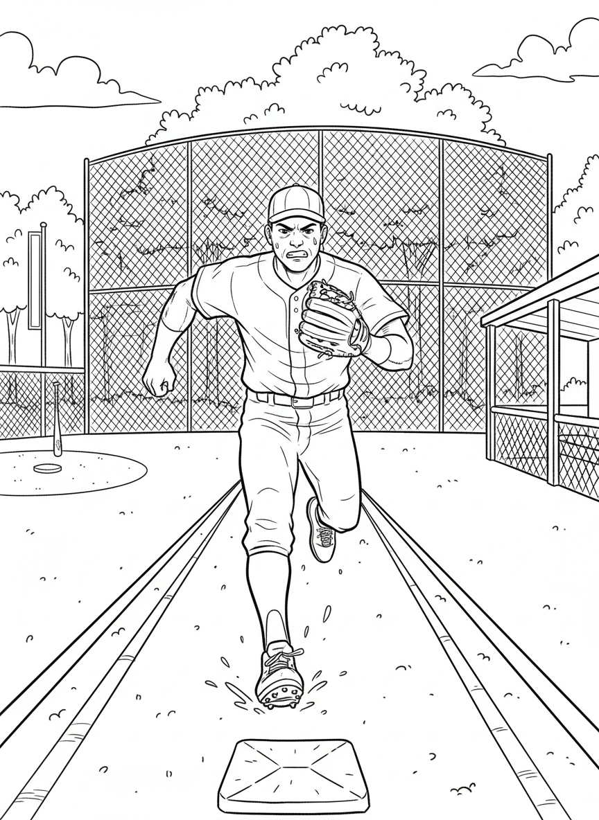 A baseball player running the bases with determination, uniform flowing in motion, base path clearly marked beneath their feet.