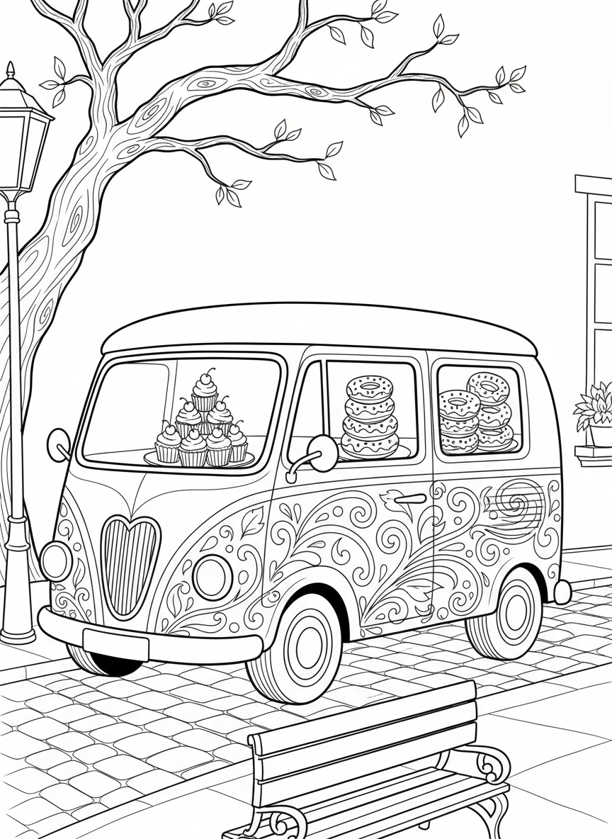 A vintage bakery van with open side windows displaying cupcakes and donuts, decorated with swirls and patterns on the sides