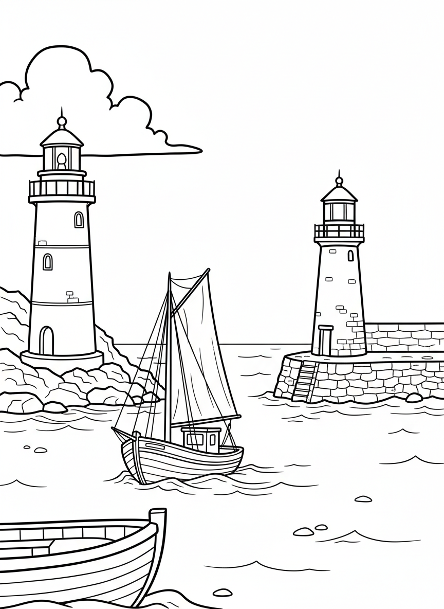 Two lighthouses of different heights on opposite sides of a harbor entrance, with a fishing boat sailing between them