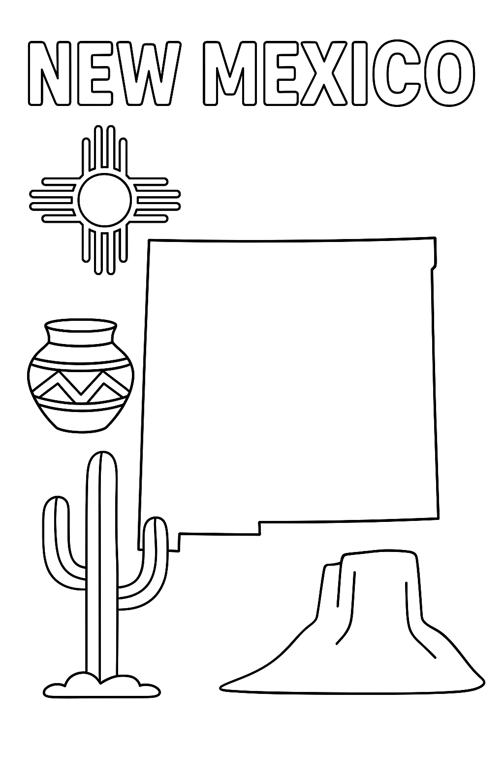 Write “New Mexico” once at the top in outlined letters. Make the map outline large and centered. Add one zia sun, one pot, one cactus, and one mesa in corners.
