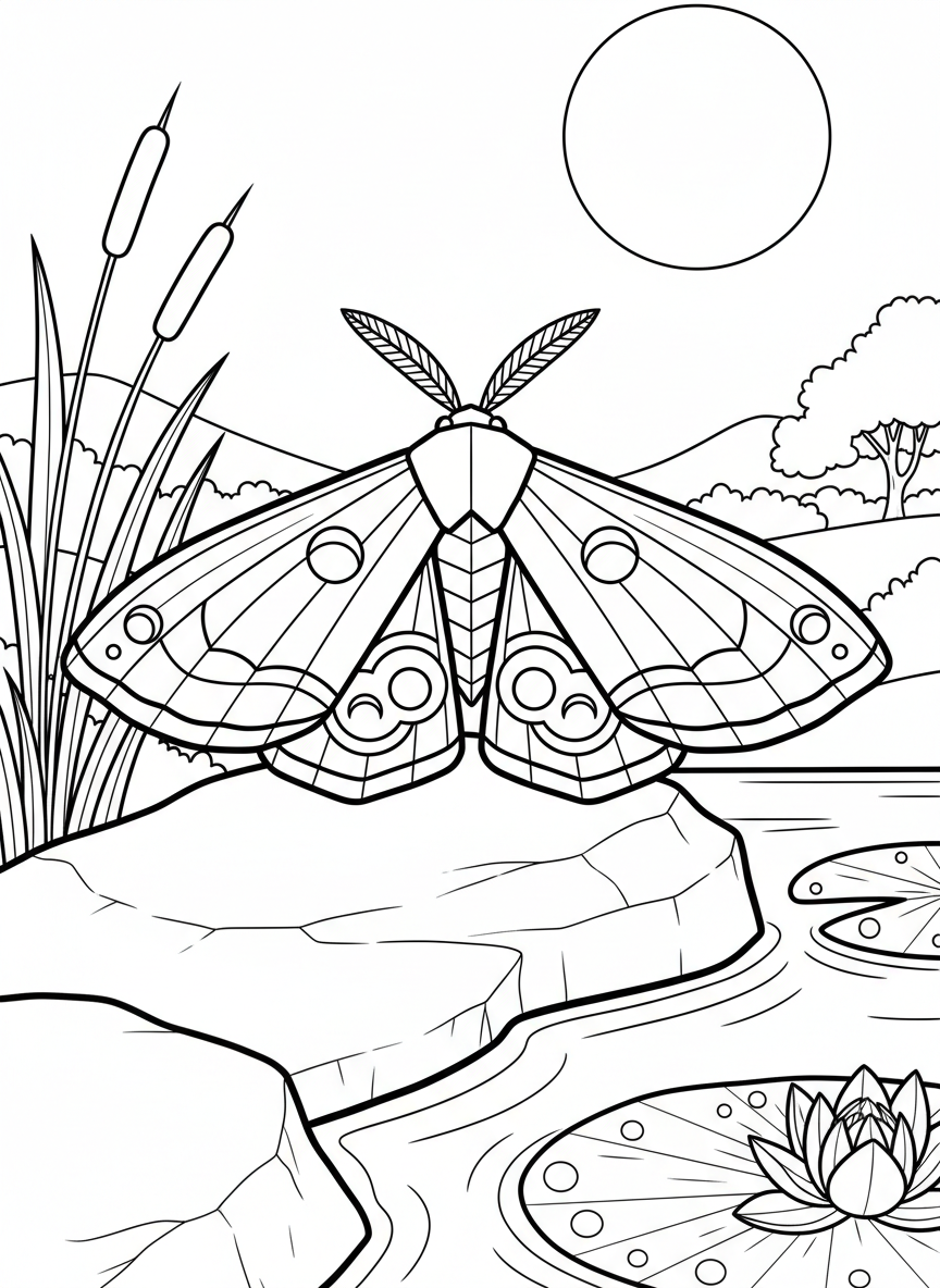 An origami moth with detailed wing patterns including circles and crescents, antennae extended upward, front view, simple background
