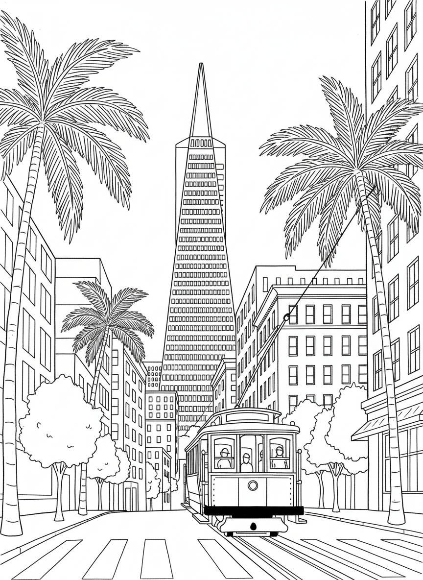 A street scene with a cable car, palm trees, and the Transamerica Pyramid building in the background, urban landscape line drawing.