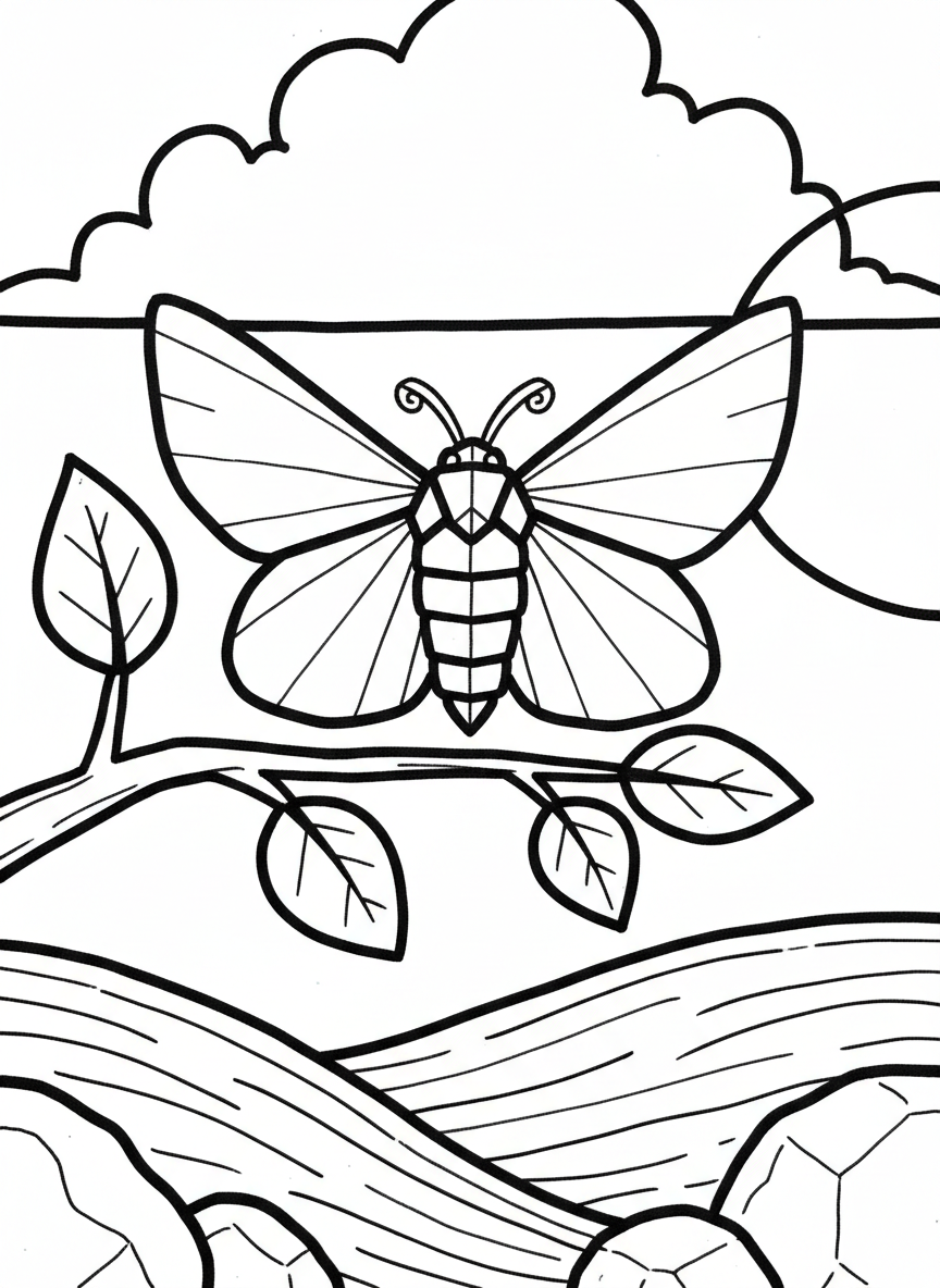 A simple origami moth with triangular wings folded upward, resting position, easy pattern for young folders