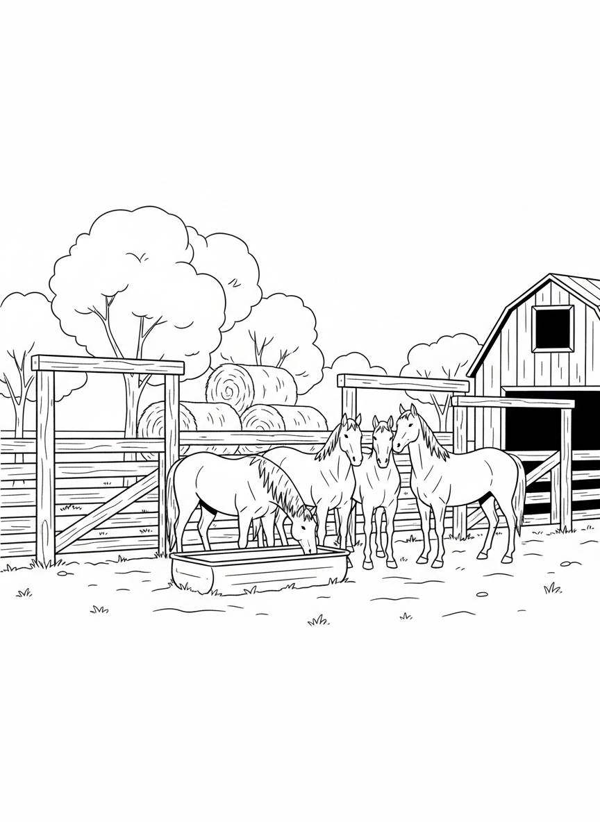 A ranch scene with a wooden corral, water trough, hay bales, and several horses standing peacefully together.