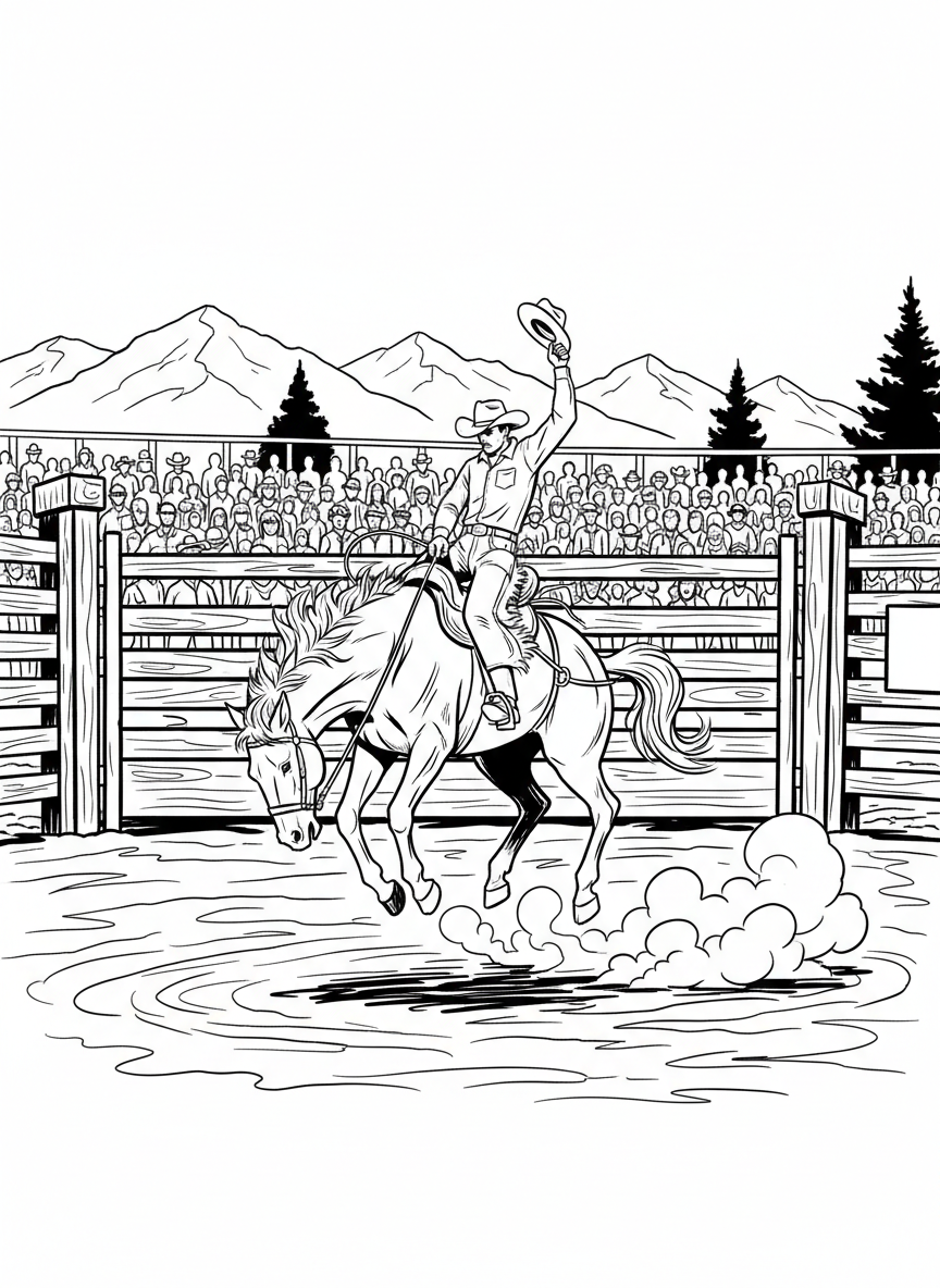 A rodeo scene with a cowboy on a bucking bronco inside an arena with a fence, exciting western action pose.