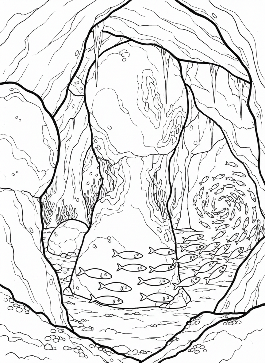 An underwater cave with glowing algae, rock formations, and schools of fish moving through shadowed areas.