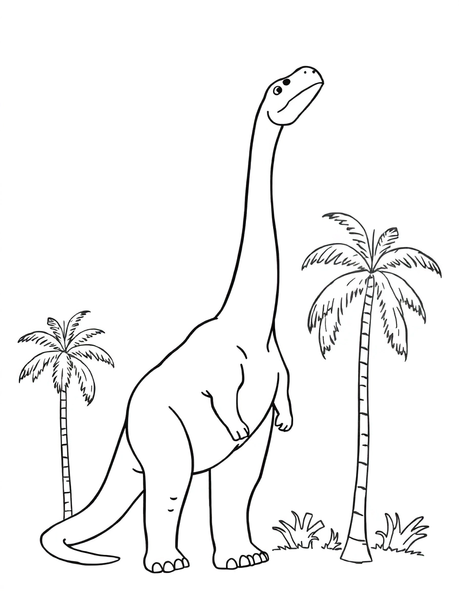 A Brachiosaurus reaching high, tall palm trees nearby