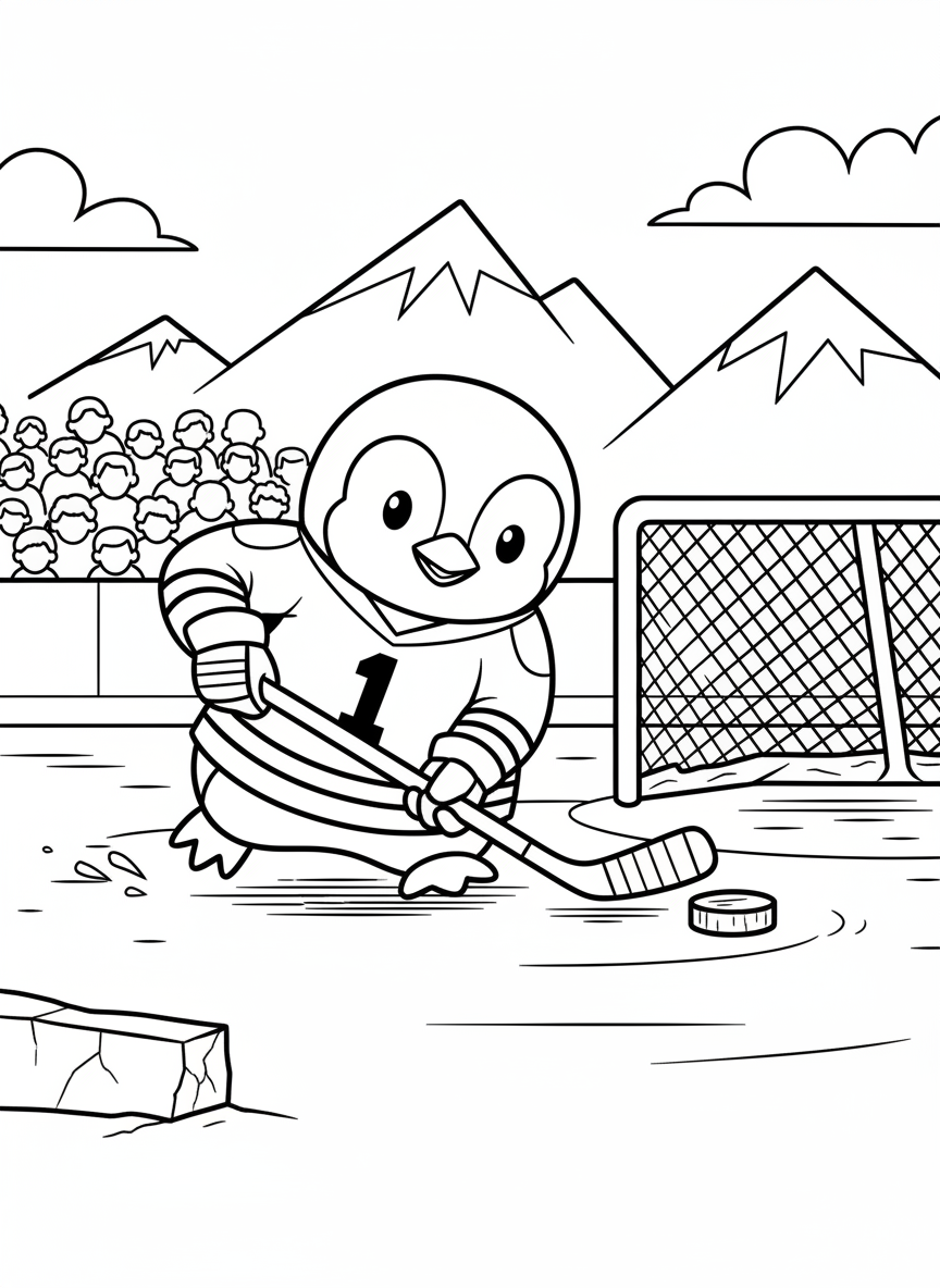 A cute penguin character playing ice hockey, wearing a tiny jersey and holding a stick on ice
