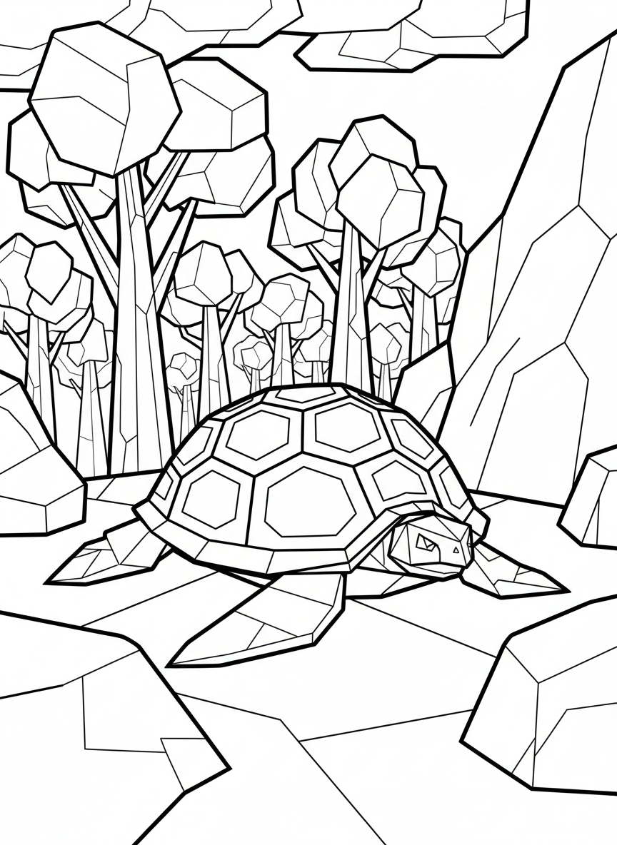 An origami turtle with a hexagonal shell pattern, four angular flippers, and a small triangular head peeking out from geometric segments.