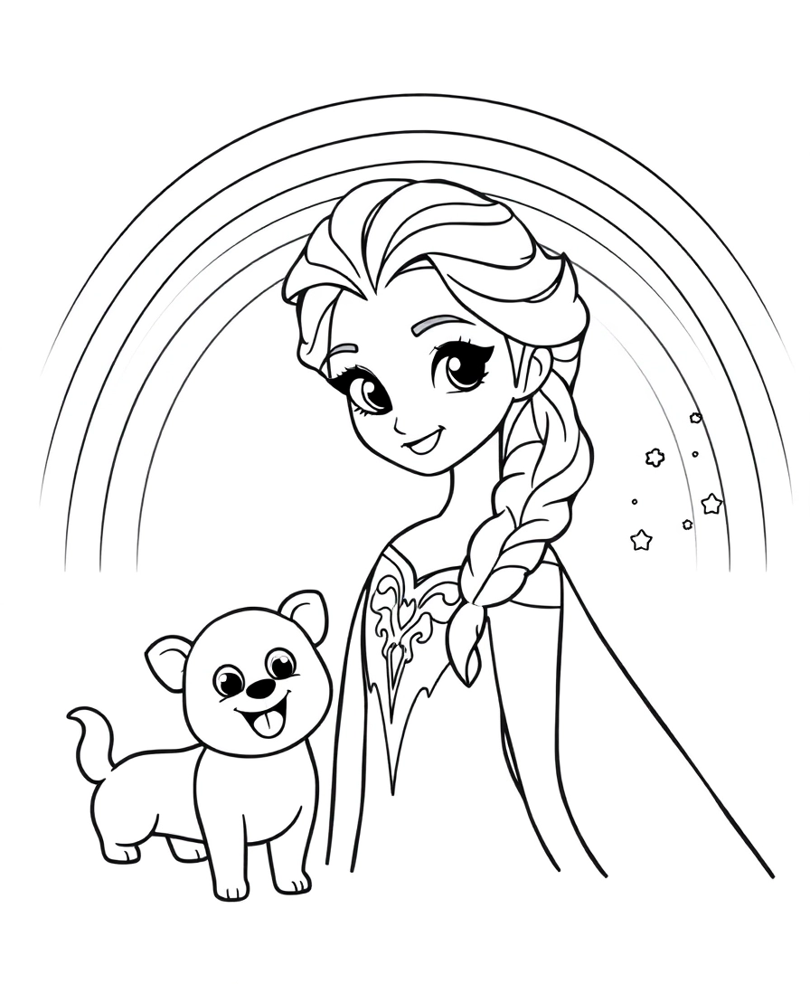Create a cute image of Elsa from Frozen. Include a rainbow in the background with a dogs