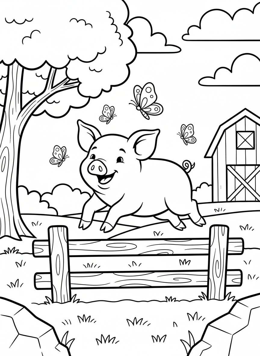 A playful piglet jumping over a small fence rail with butterflies flying nearby in a simple farm setting.