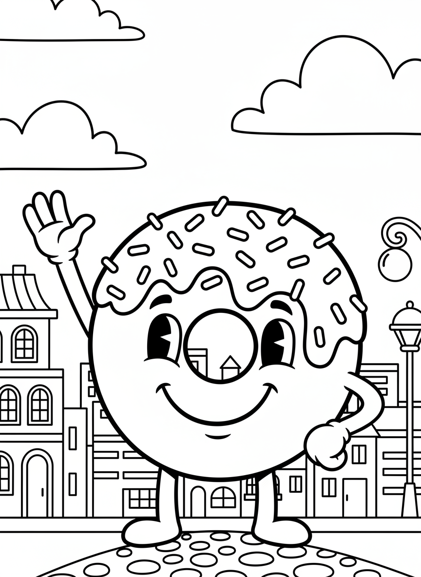 A smiling donut character with glazed frosting and colorful sprinkles, waving with cartoon arms and legs.
