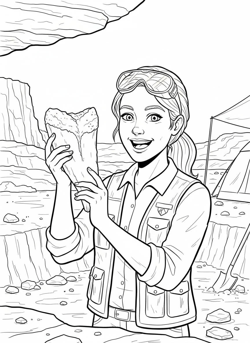 A smiling paleontologist holding up a large dinosaur tooth fossil, wearing safety goggles and a field vest