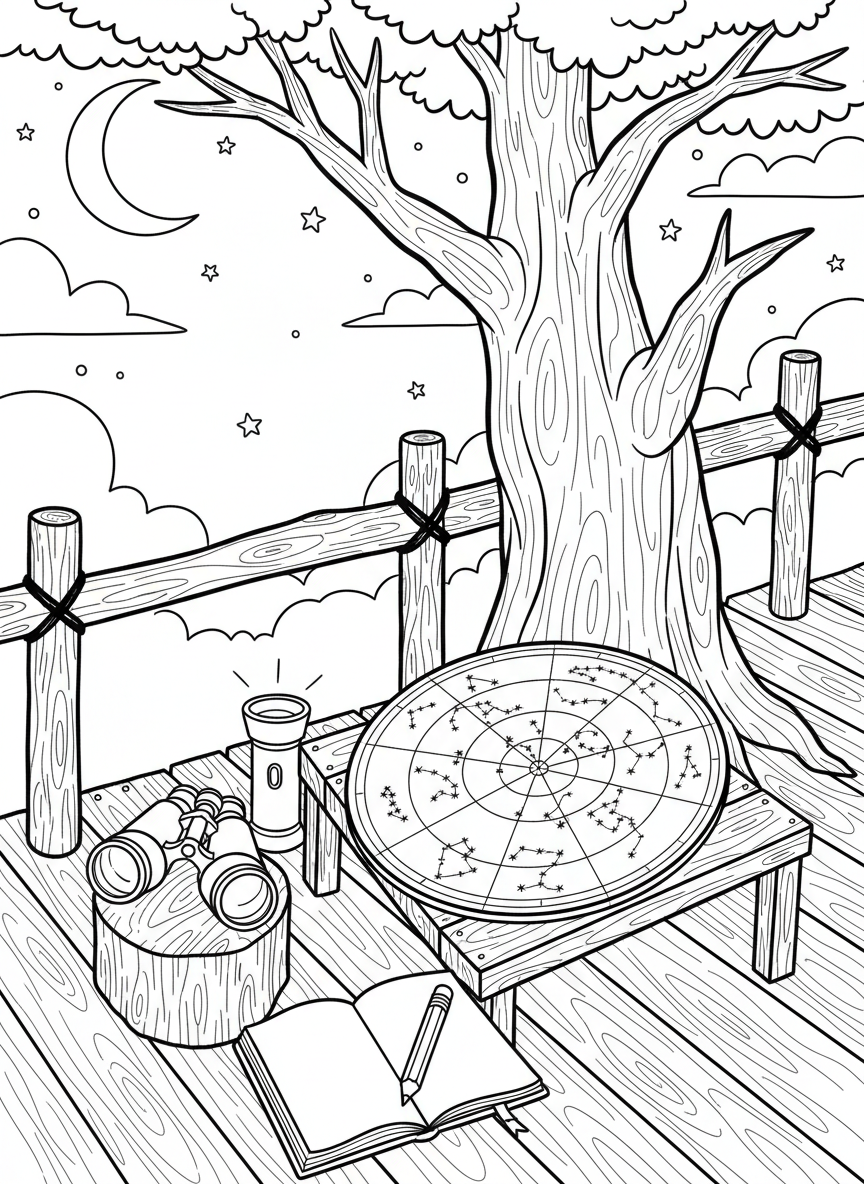 A treehouse deck with a planisphere, binoculars, red flashlight, and notebook, all arranged neatly for a night of stargazing adventures.