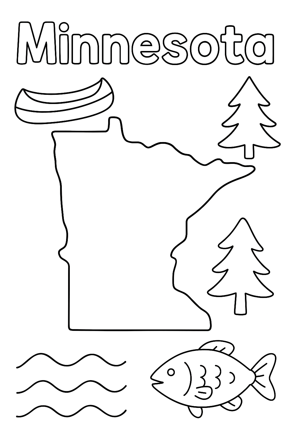 Write “Minnesota” once at the top in outlined letters. Draw a large, bold outline of the state. Add one canoe, one pine, one fish, and one lake wave in corners.