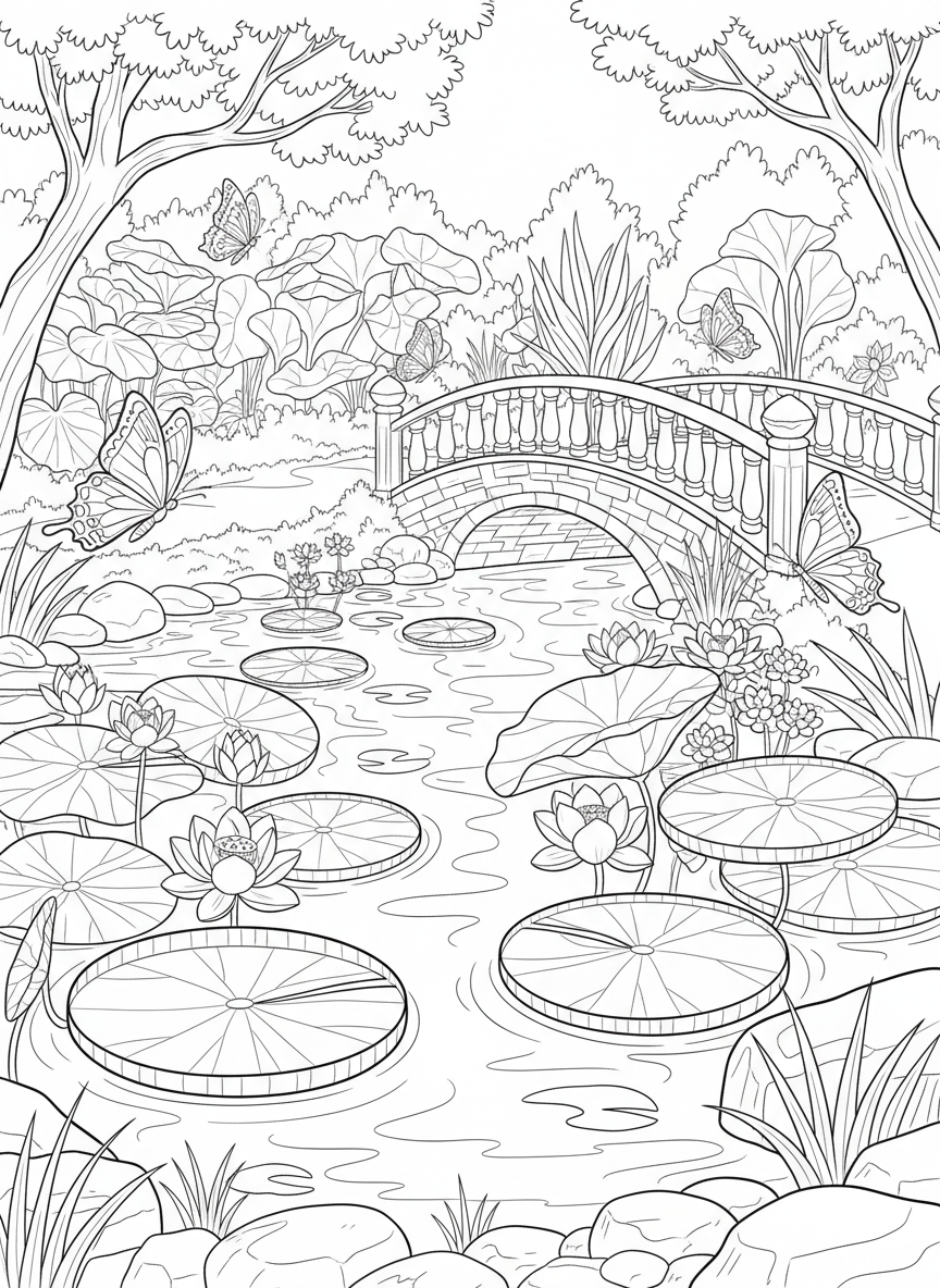 The Denver Botanic Gardens featuring a peaceful pond with lily pads, flowers, butterflies, and a small bridge, nature-themed line art.