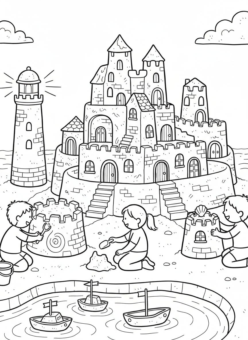A detailed sandcastle village scene with houses, a lighthouse, boats, and children adding finishing touches with small tools.