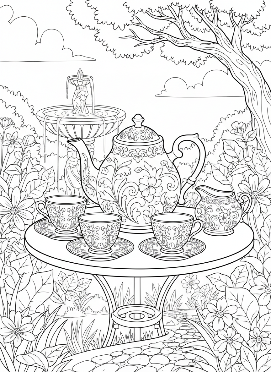 Vintage-style tea set with matching teapot, creamer, sugar bowl, and four cups on saucers, detailed pattern work