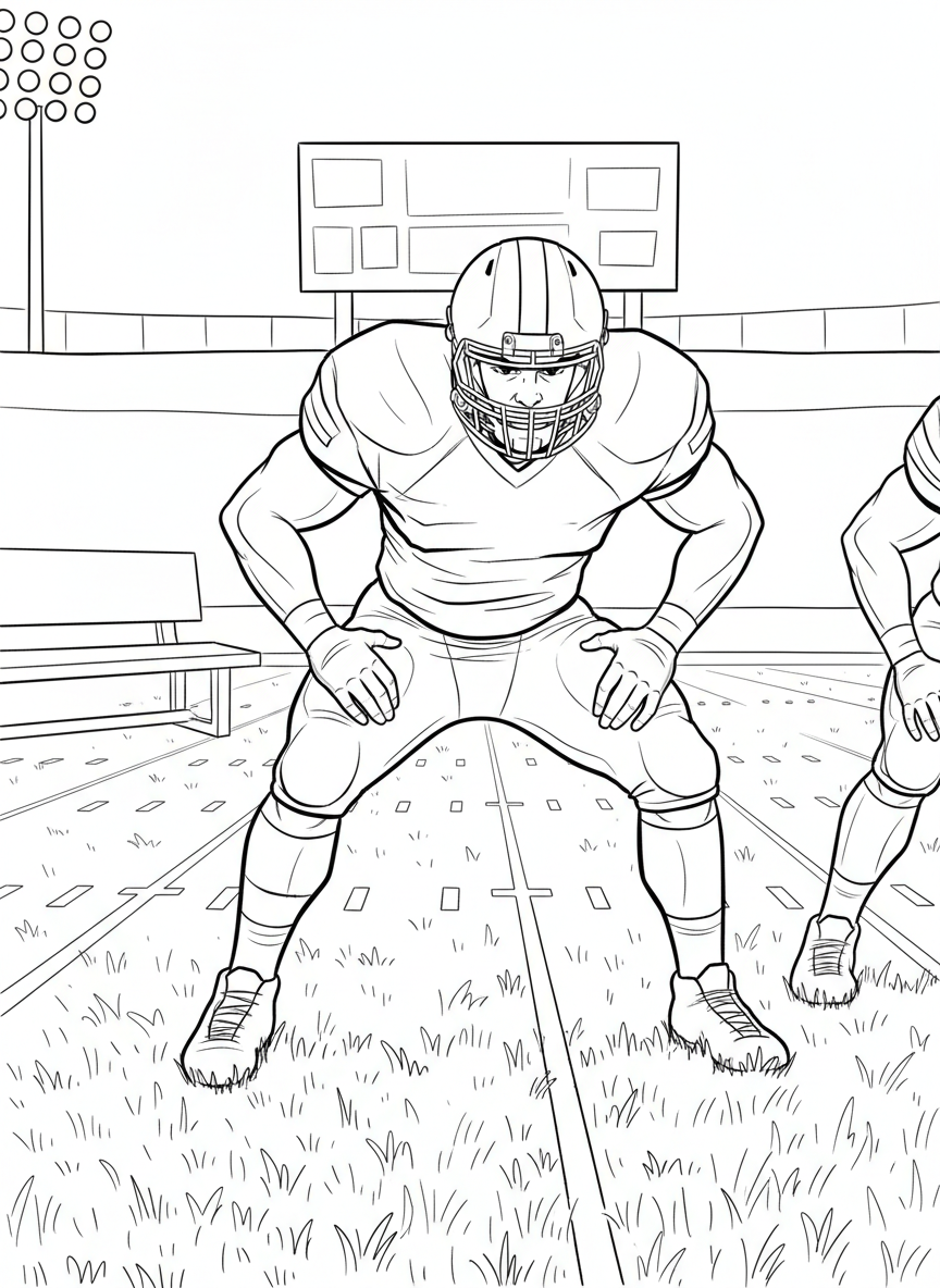 A linebacker in a ready stance, crouched low with hands on knees, focused and prepared for the next play.