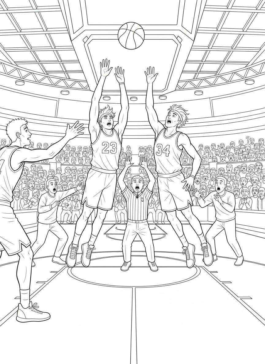 nba finals An overtime jump ball at center court, two exhausted players leaping with determination while coaches and fans stand motionless in charged anticipation.