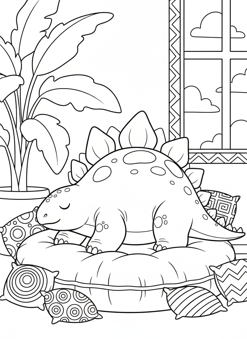 A Stegosaurus relaxing on a plush cushion surrounded by decorative throw pillows with geometric patterns, simple shapes for coloring.