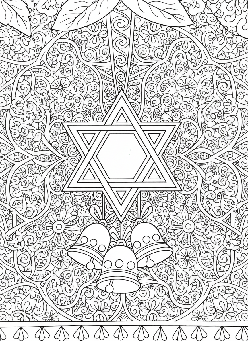 A decorative Star of David ornament hanging with ribbons and small bells, detailed pattern suitable for older kids to color.