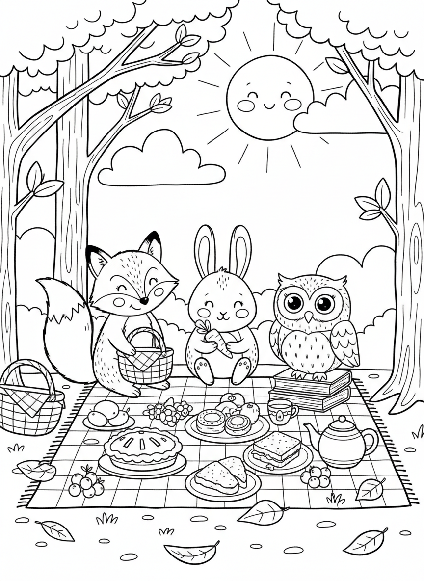 A group of forest friends including a fox, rabbit, and owl having a picnic, whimsical scene