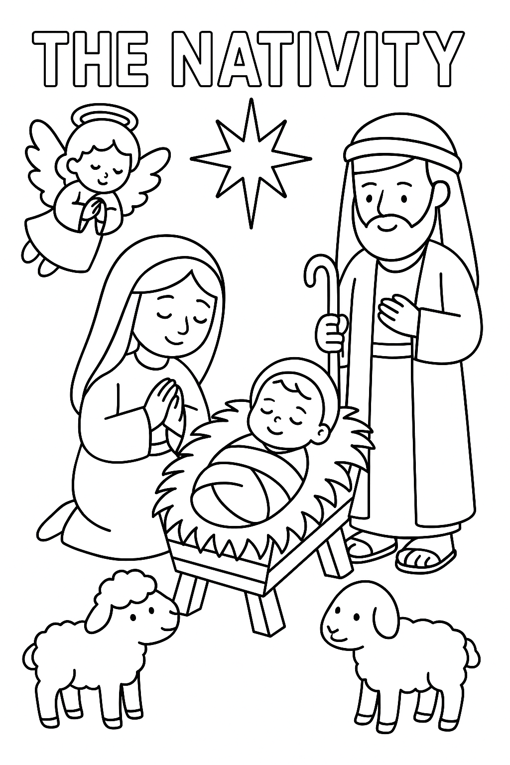 Draw baby Jesus in the manger with Mary, Joseph, and the star of Bethlehem above. Add one lamb and one angel in the corners.