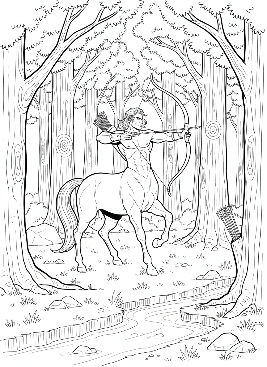 A centaur archer practicing with a bow in a forest clearing, half-human and half-horse with a quiver of arrows.