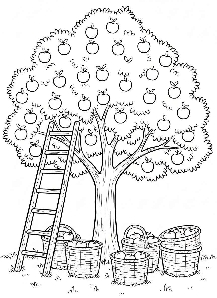 An apple tree full of fruit with a ladder leaning against it and baskets ready for harvest below.