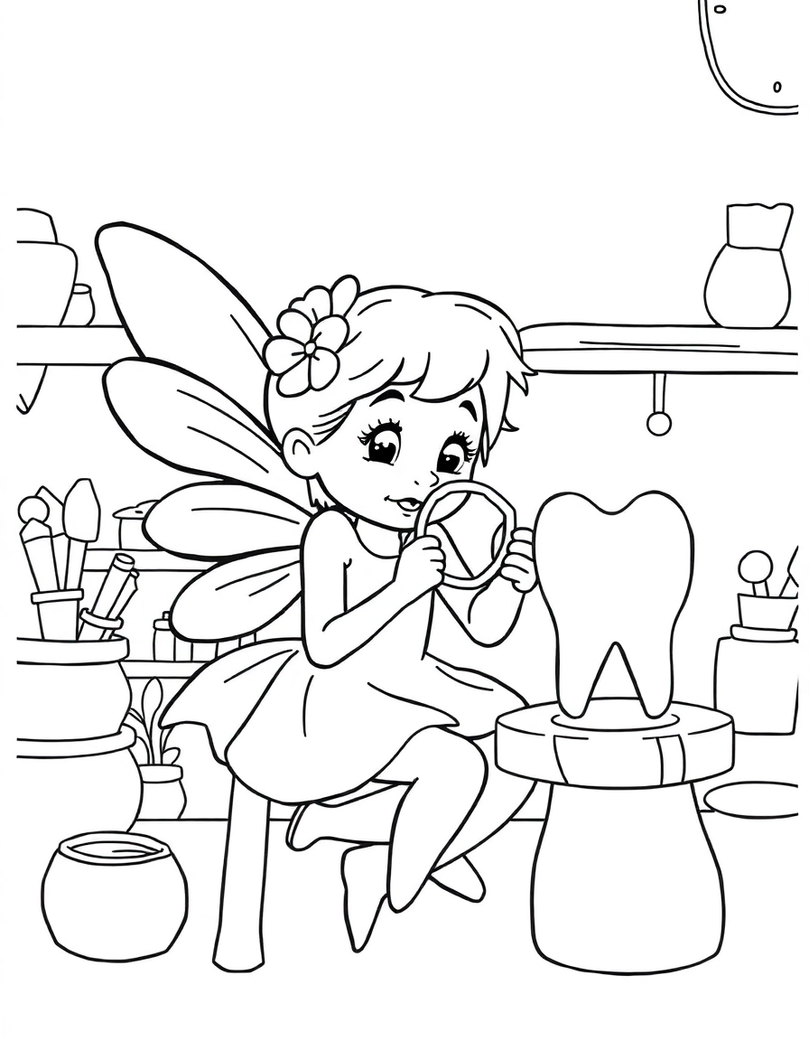 The Collection: A fairy examining a glowing tooth with a magnifying glass in her magical workshop.