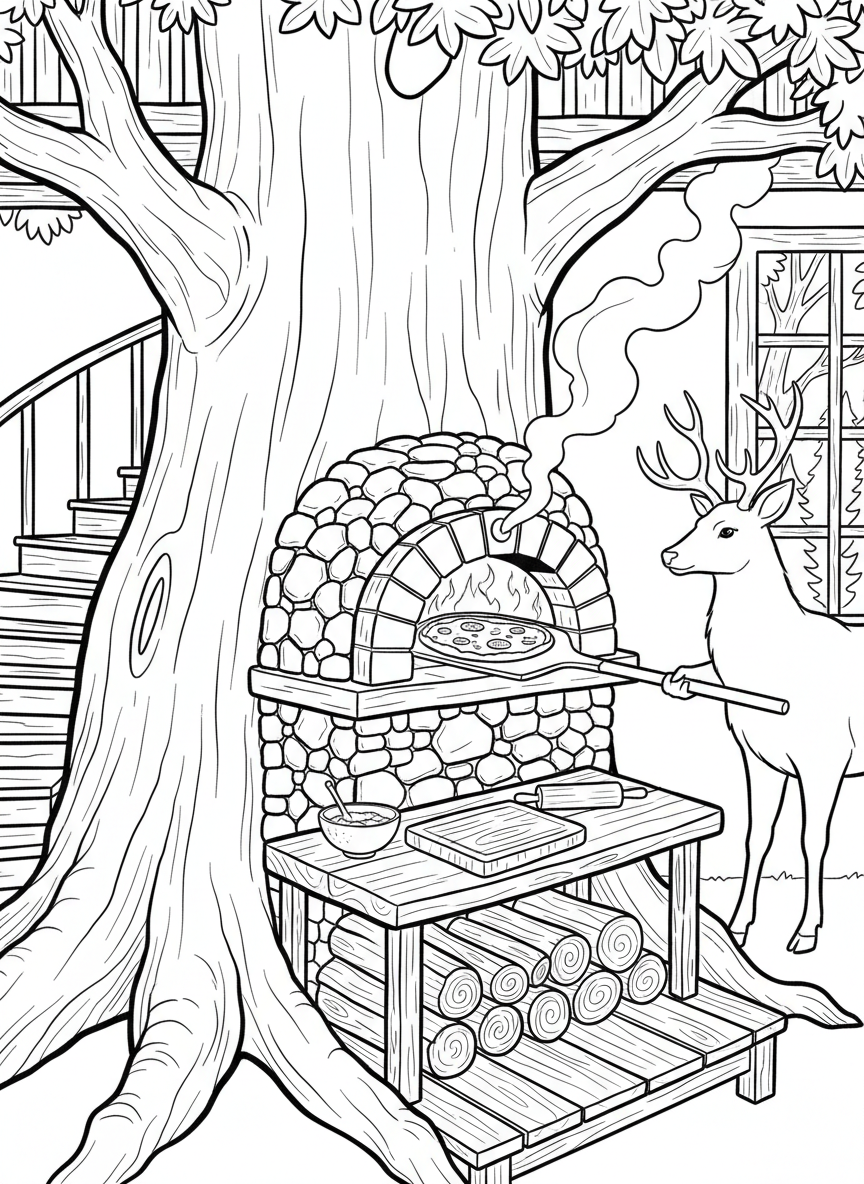 A treehouse kitchen with a stone pizza oven built into the tree trunk, a deer sliding in a pizza with a wooden paddle.