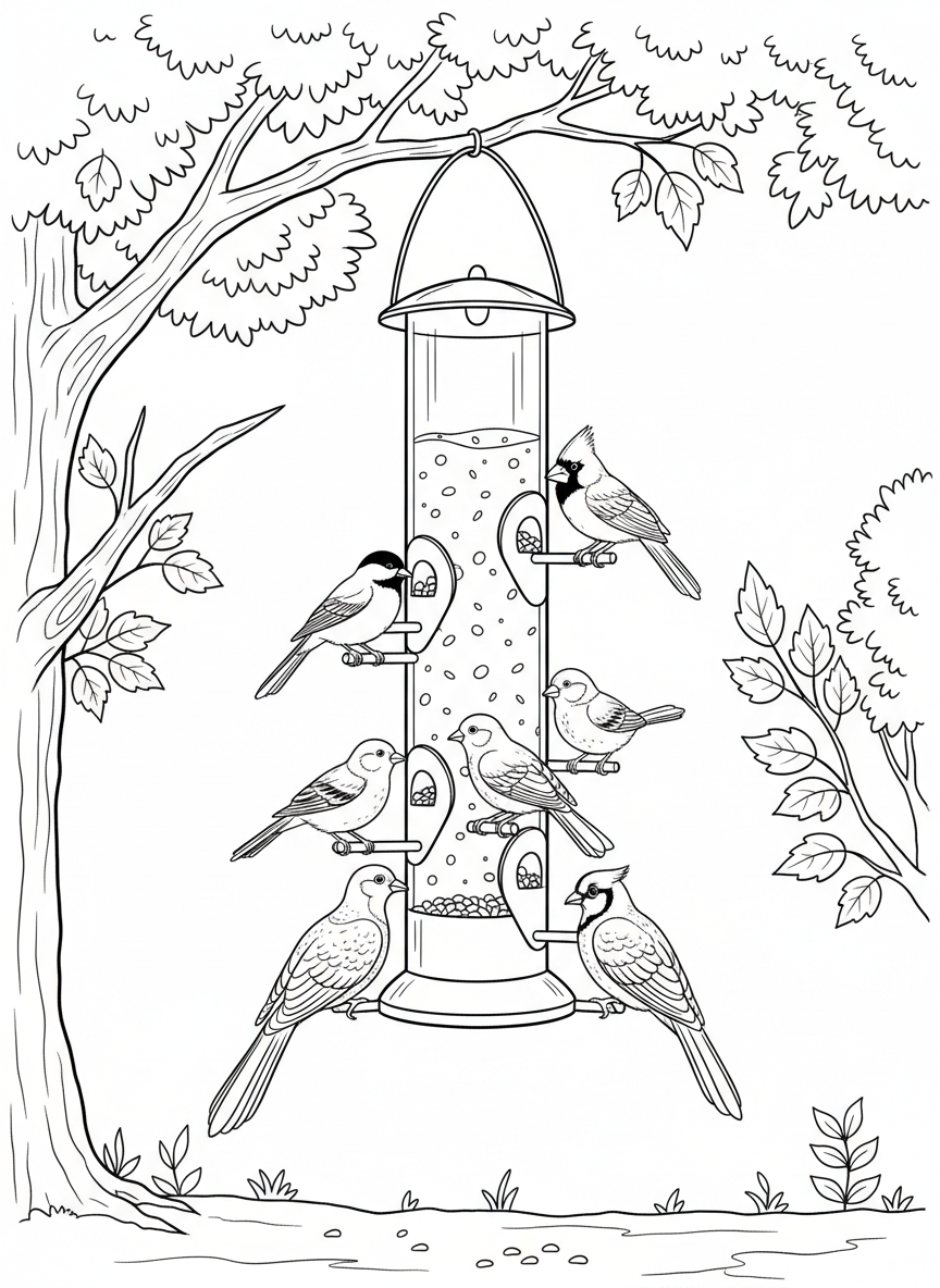 A tube-style bird feeder with multiple perches and different types of birds eating at various levels