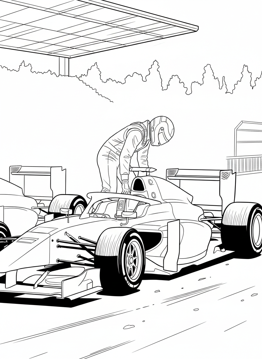 A race car driver climbing into the cockpit of their vehicle, showing the tight fit and safety harness inside the open-wheel car.