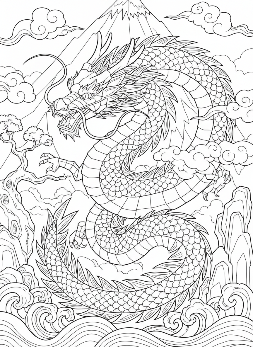 A detailed origami Chinese dragon with intricate paper-fold segments winding through the air, whiskers and horns clearly outlined, coloring page