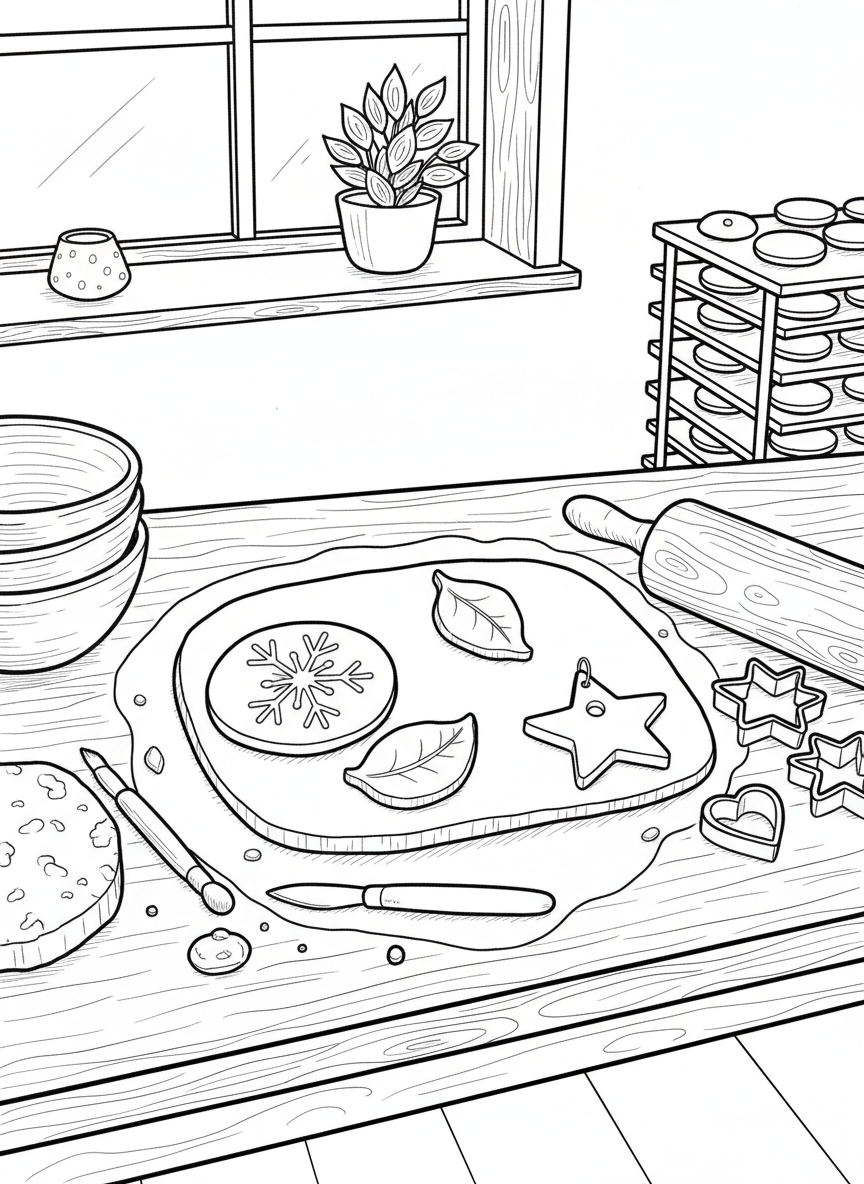An overhead view of a pottery workspace with clay, rolling pin, cookie cutters, and partially made ceramic ornaments.