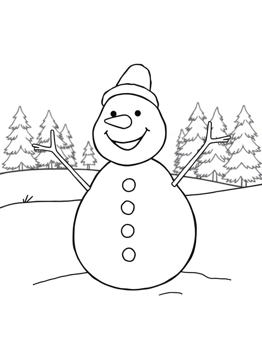 A playful snowman with a carrot nose, stick arms, and a big smile, standing in a snowy field with trees in the background.