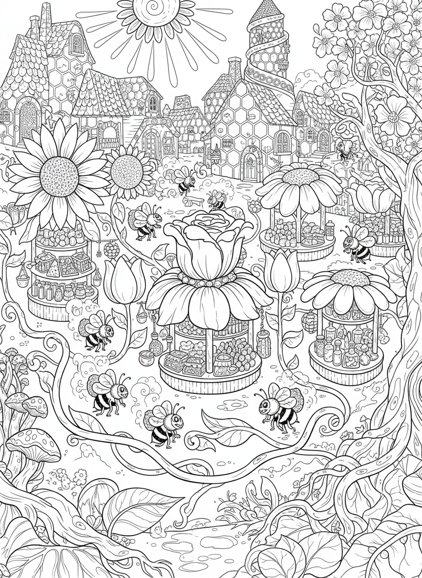 A busy bee market scene with bees carrying pollen baskets, flowers as stalls, and honeycomb buildings in background, whimsical village.