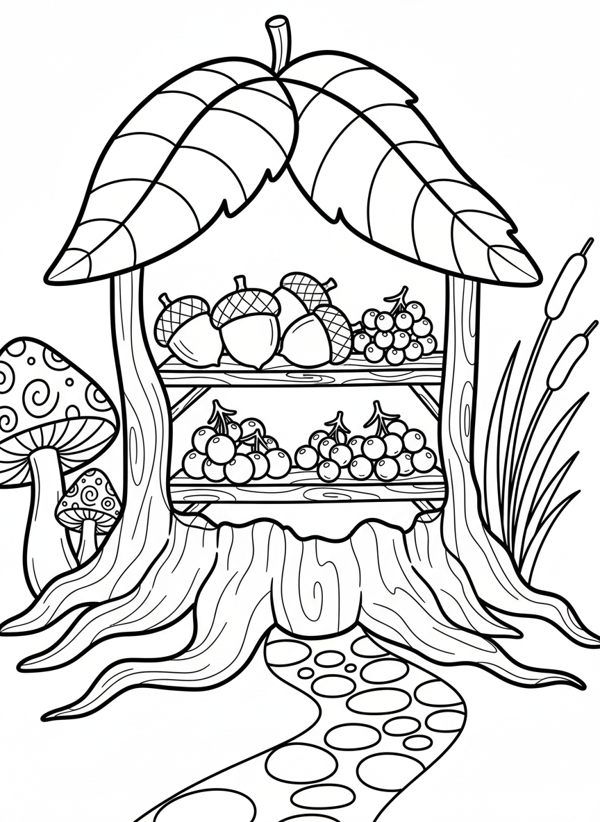A fairy market stall house with an open front, shelves displaying acorns and berries, and a striped leaf canopy overhead.