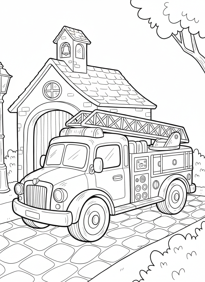 A cozy ceramic-style fire truck with ladder and wheels, parked in front of a small firehouse, hand-crafted folk art design, line art