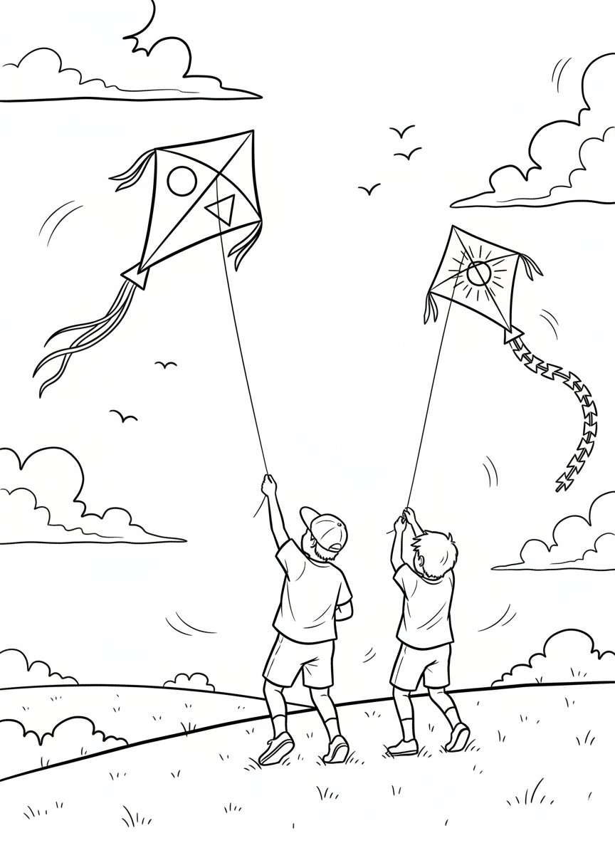 Two kids flying colorful kites on a breezy hilltop with clouds and birds in the sky