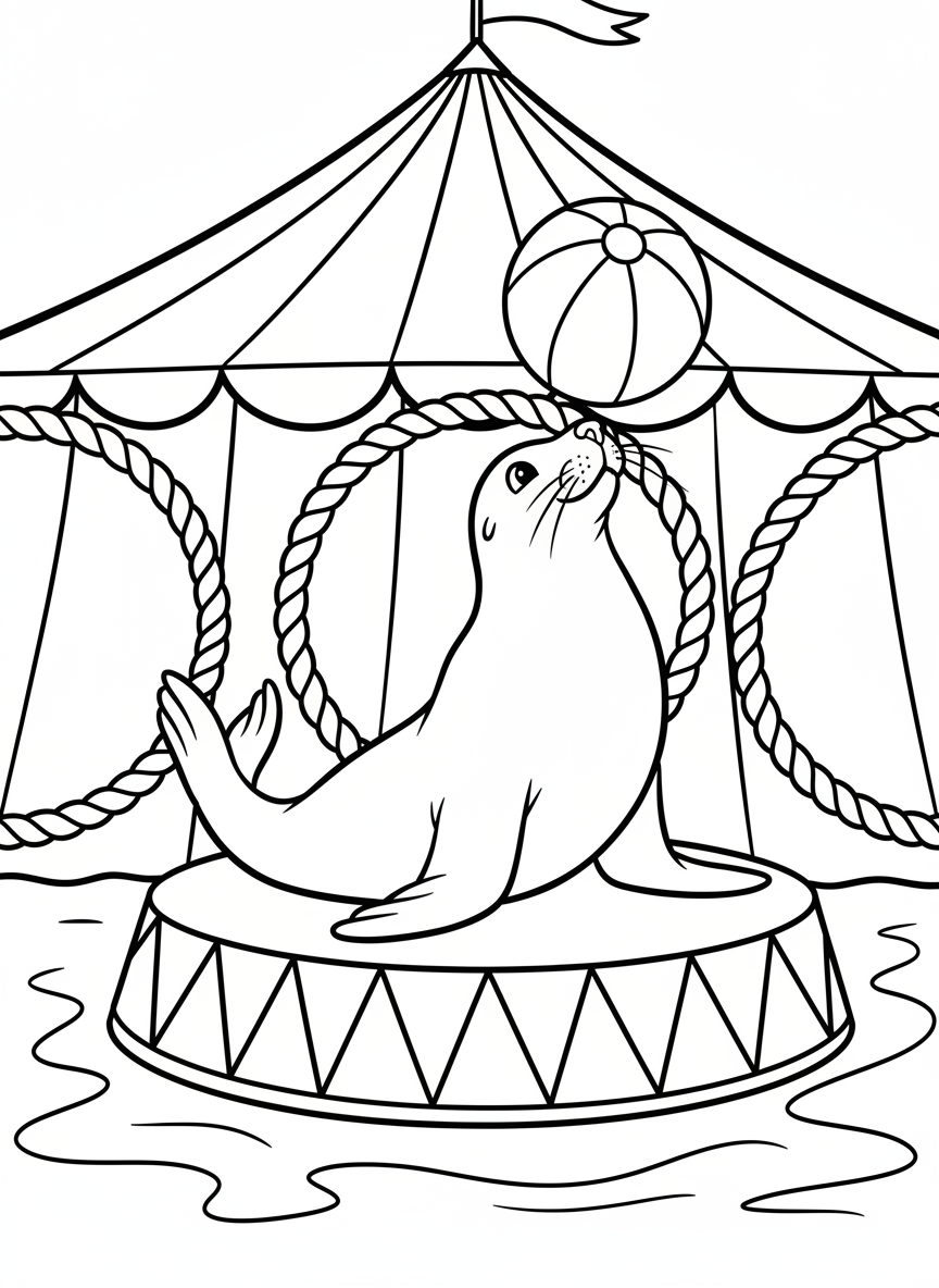 A seal balancing a beach ball on its nose while sitting on a platform, with circus rings in the background.