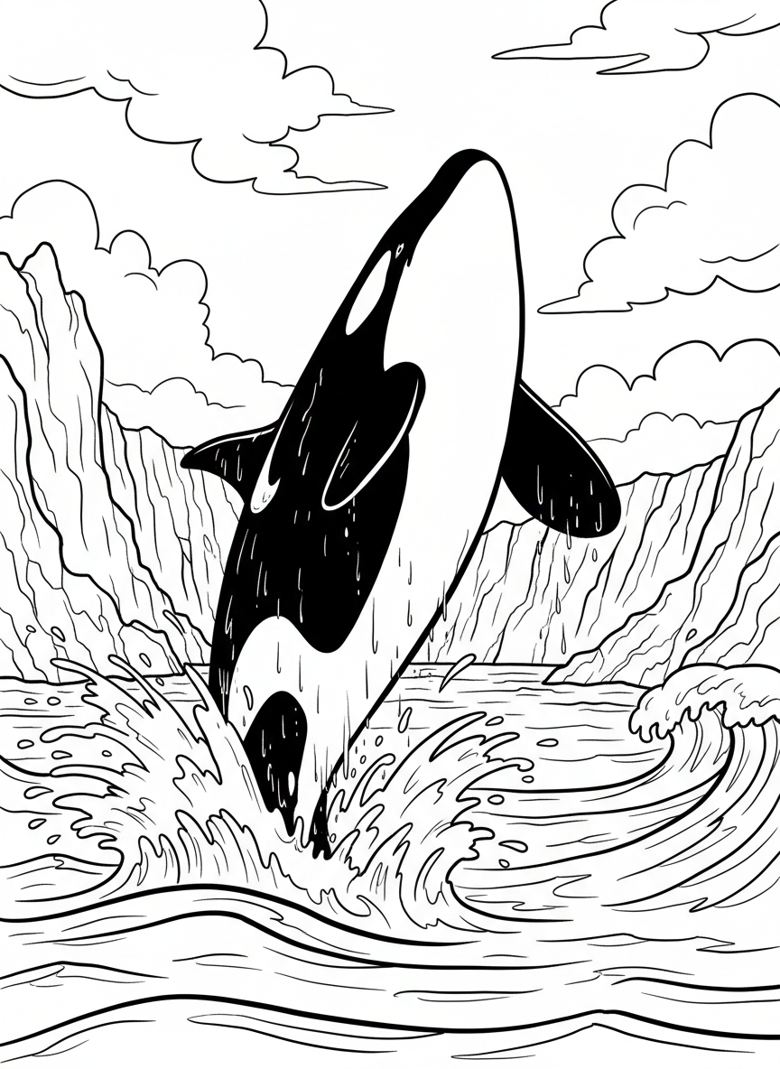An orca whale breaching out of the water with splashes around it, showing its distinctive black and white pattern