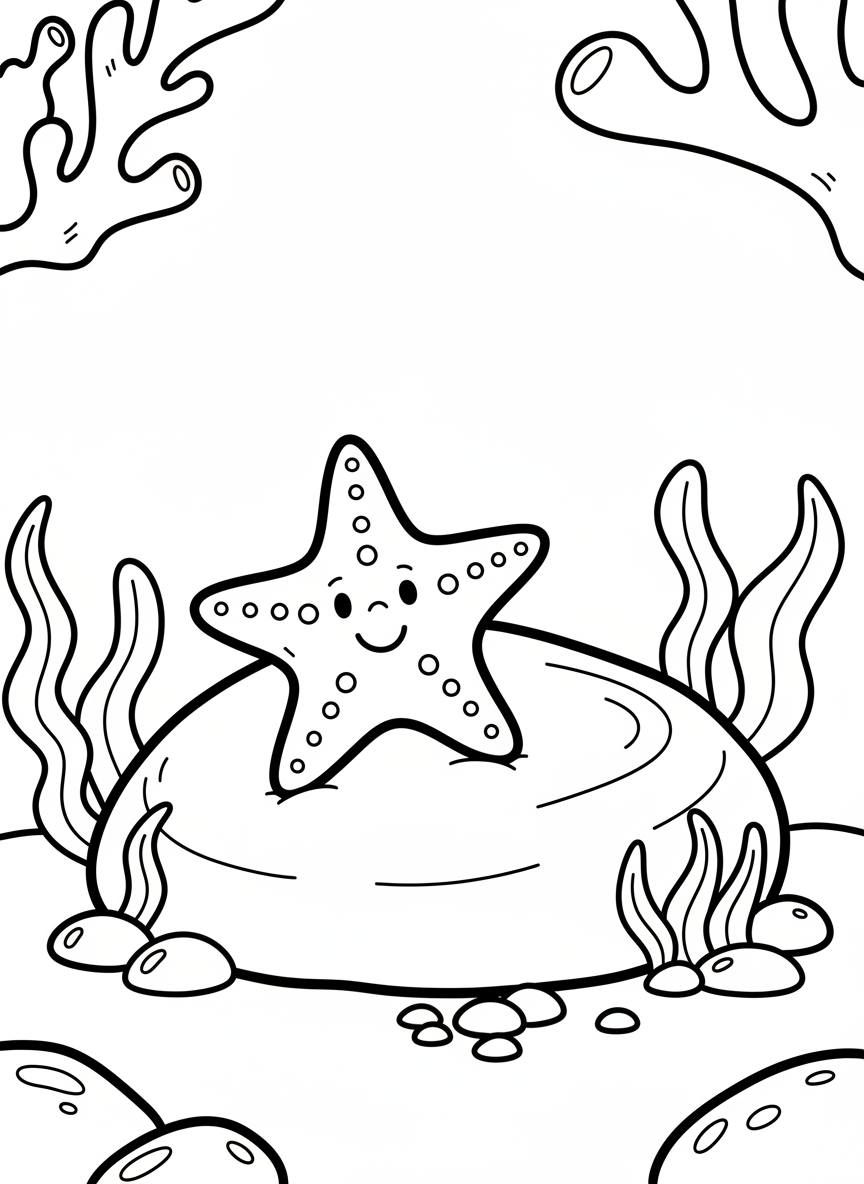 A cheerful starfish resting on a smooth rock surrounded by small pebbles and seaweed, simple line art perfect for young children