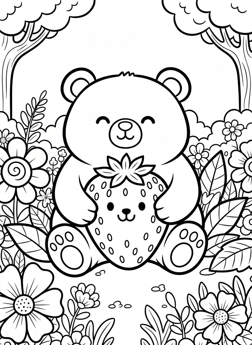 A chubby kawaii bear holding a giant strawberry, both with happy expressions, sitting in a field of flowers