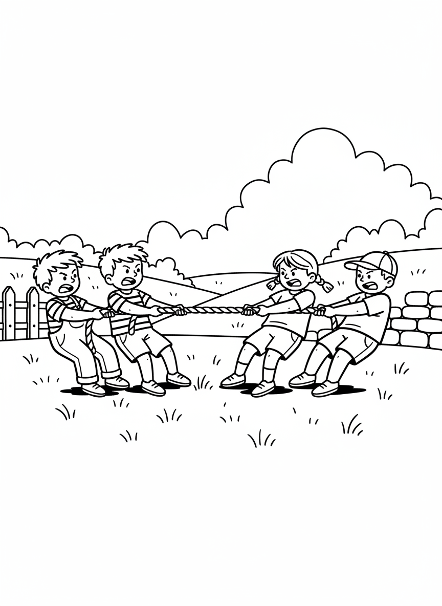 Children playing tug-of-war on a grassy field, pulling on opposite ends of a rope with determined expressions.