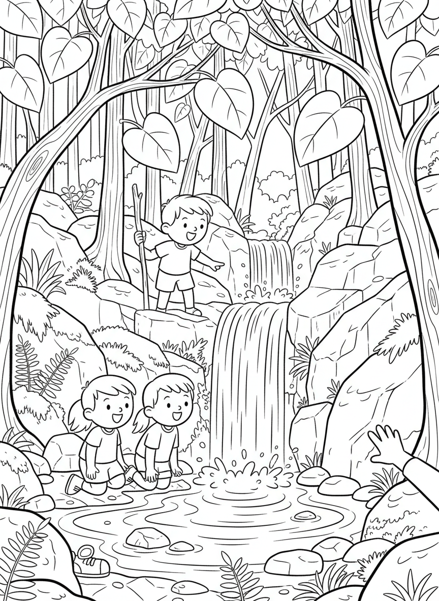 Children discovering a small waterfall in the forest, with ferns and moss-covered rocks surrounding the pool below.