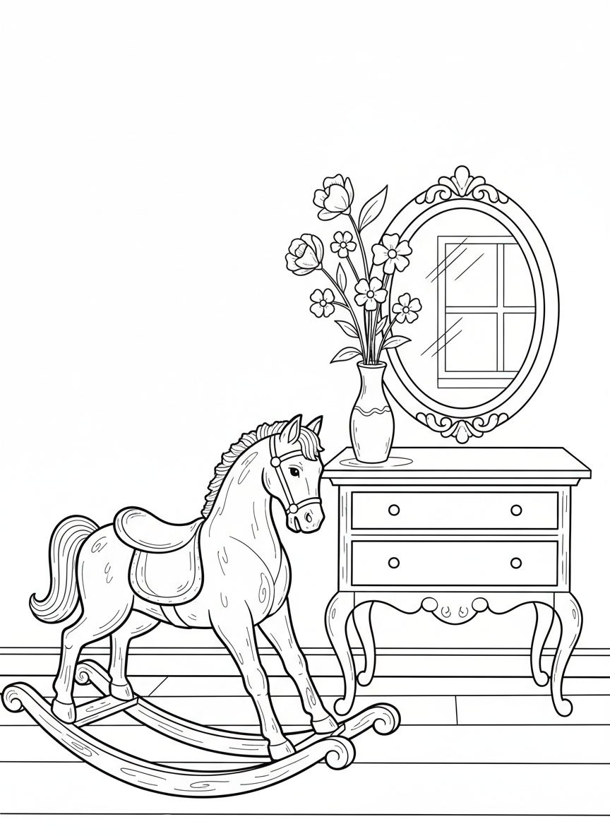 A vintage-style rocking horse next to a small dresser with a mirror, simple flowers in a vase on top