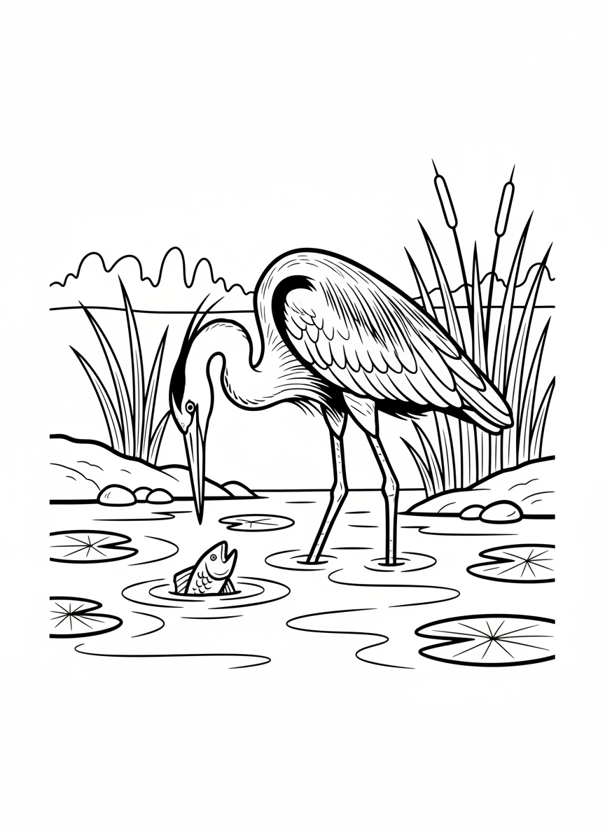 A great blue heron standing in shallow river water hunting for fish with reeds and lily pads nearby