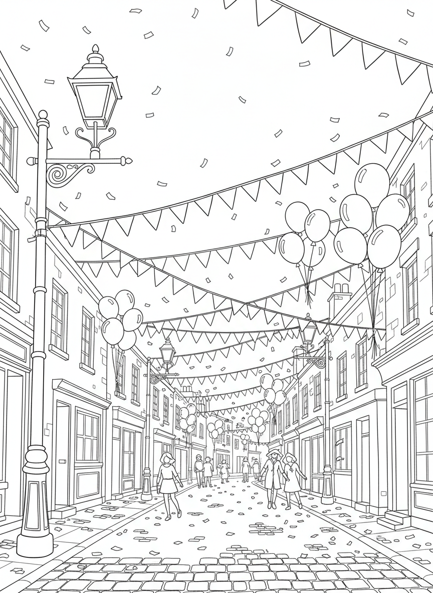 A festive street with buildings decorated with colorful bunting, balloons tied to lampposts, and confetti covering the ground.